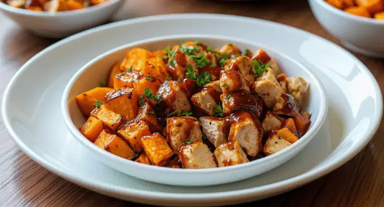 Succulent chicken and roasted sweet potatoes served in a white bowl with fresh herbs, perfect for hearty home-cooked meals and delicious recipes.