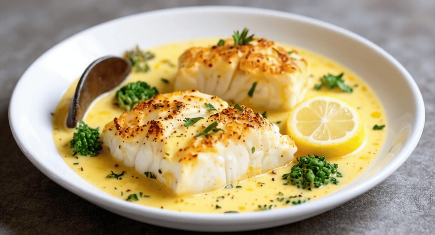 Pan-seared white fish fillets with lemon butter sauce, garnished with fresh parsley and served with broccoli and lemon slices for a healthy seafood recipe.