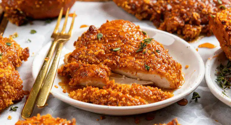Crunchy baked chicken tenders coated in seasoned breadcrumbs, served on a white plate with fresh herbs, perfect for delicious meal options from Recipestang.