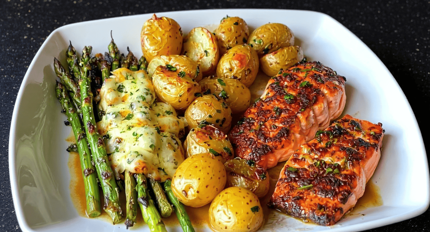 Salmon fillets with roasted potatoes, asparagus, and cheesy herb mashed potatoes on a white plate. Healthy, delicious, and easy to prepare meal perfect for dinner or lunch.