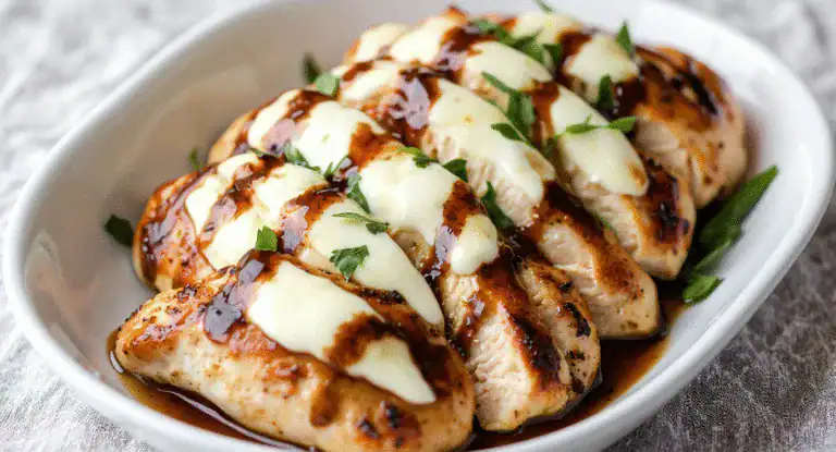 Grilled chicken breast topped with creamy cheese, drizzled with balsamic glaze and garnished with fresh herbs, served on a white dish perfect for a healthy meal.