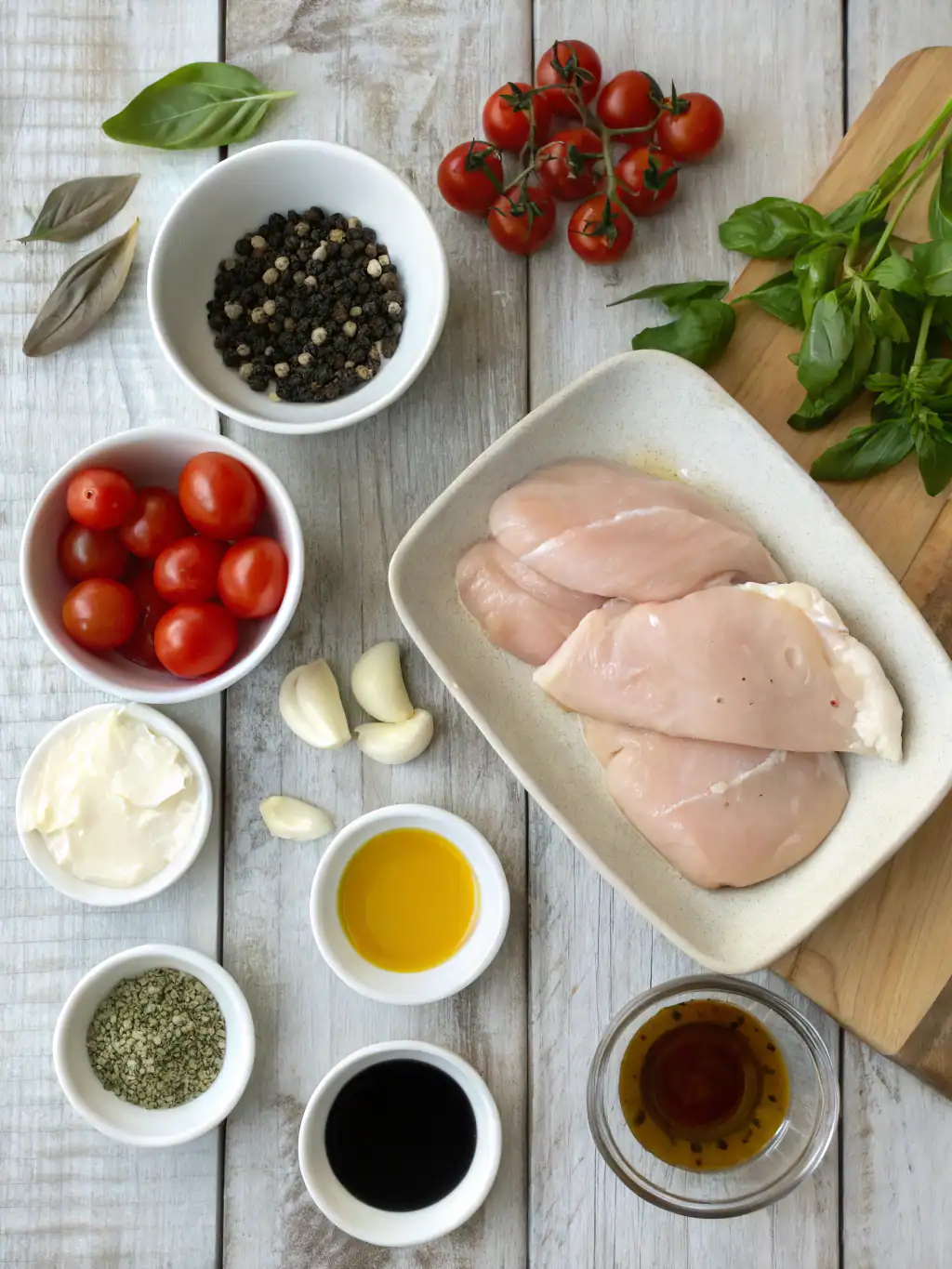 Fresh raw chicken breasts with fresh cherry tomatoes, garlic, basil, and assorted herbs for cooking recipes.