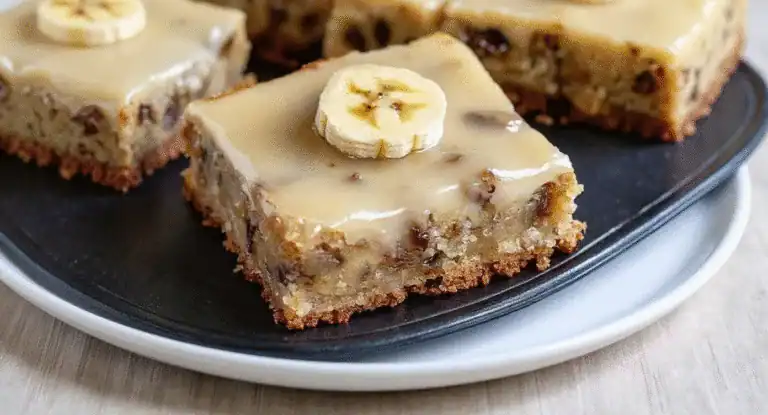 Creamy banana nut dessert bars topped with banana slices on a black plate. Perfect for sweet cravings, easy to make, and delicious. Ideal for snacks and dessert lovers.
