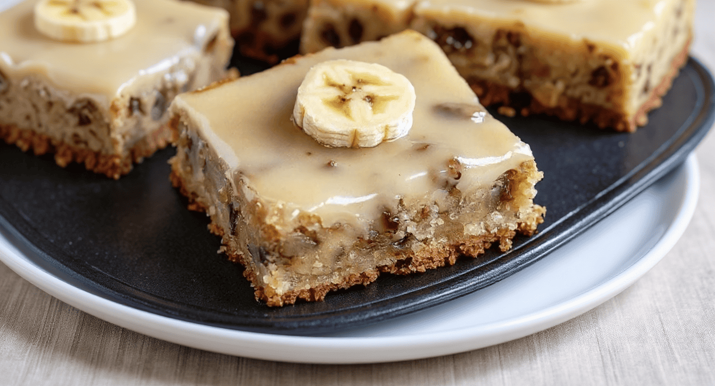 Creamy banana nut dessert bars topped with banana slices on a black plate. Perfect for sweet cravings, easy to make, and delicious. Ideal for snacks and dessert lovers.