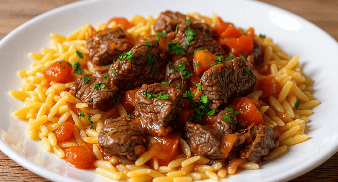 Juicy beef stew served over tender pasta with fresh herbs, showcasing a hearty, flavorful dish perfect for cozy dinners and home-cooked meals.