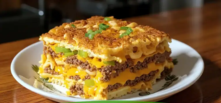 Savory big mac casserole with layers of seasoned ground beef, melted cheese, and crispy toppings, served on a decorative white plate perfect for family dinners or potlucks.