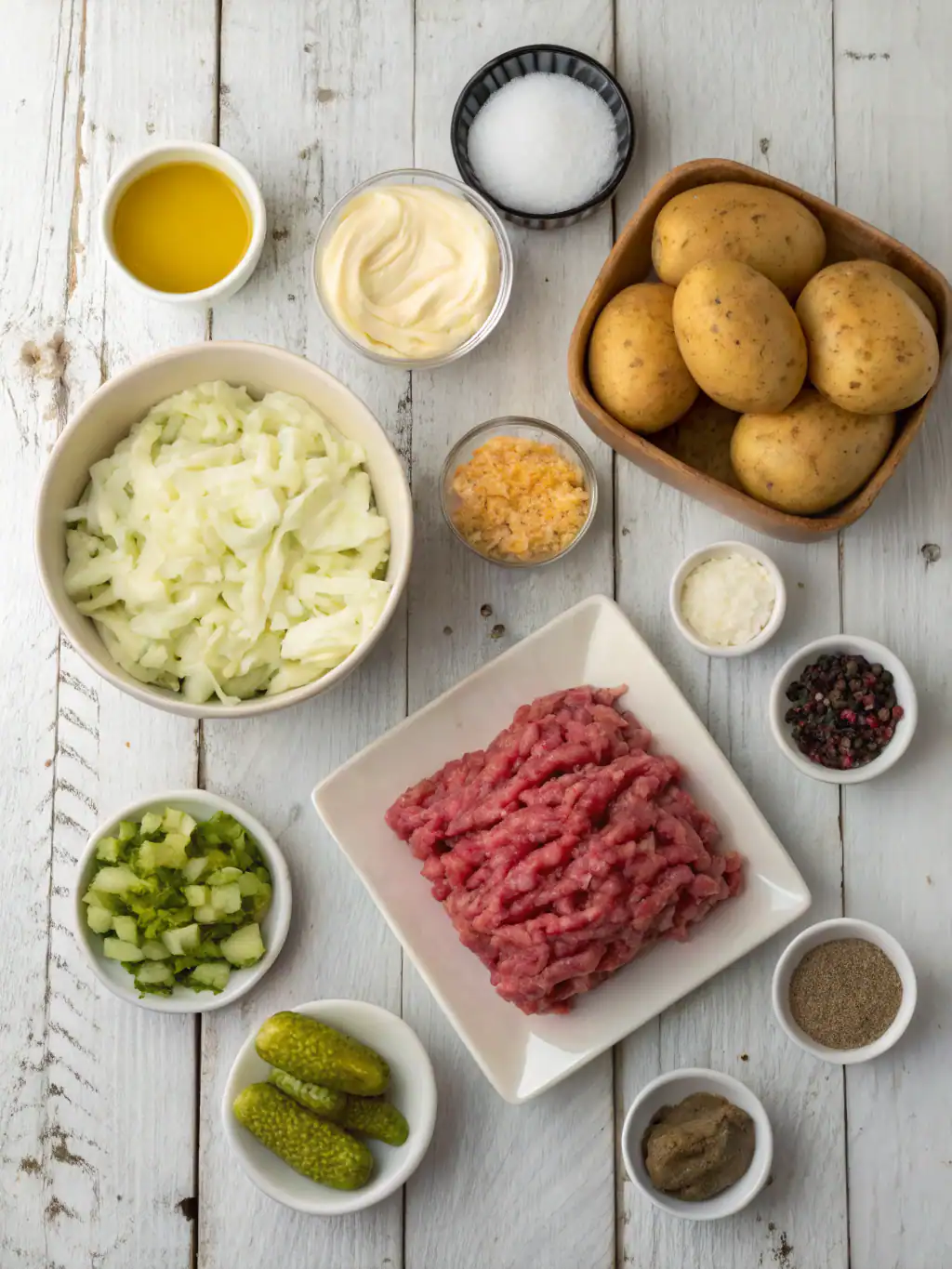 Fresh ingredients for making delicious beef stew with potatoes, onions, garlic, and herbs on rustic wooden background. Perfect for hearty, homemade recipes.