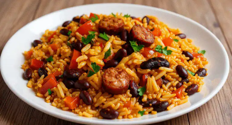 Savory rice dish with sausage, black beans, carrots, and fresh herbs, perfect for a flavorful meal or gathering. Ideal for recipes, meal ideas, and delicious culinary creations.