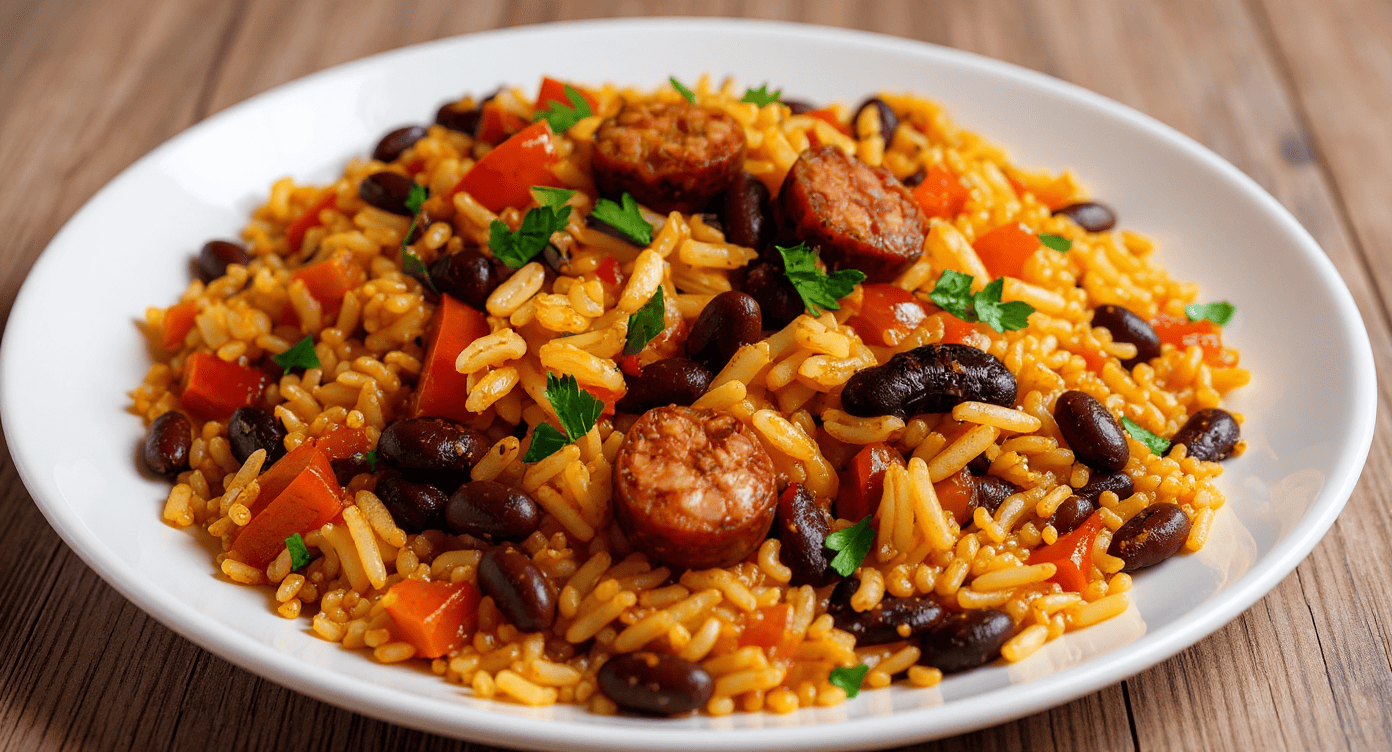 Savory rice dish with sausage, black beans, carrots, and fresh herbs, perfect for a flavorful meal or gathering. Ideal for recipes, meal ideas, and delicious culinary creations.