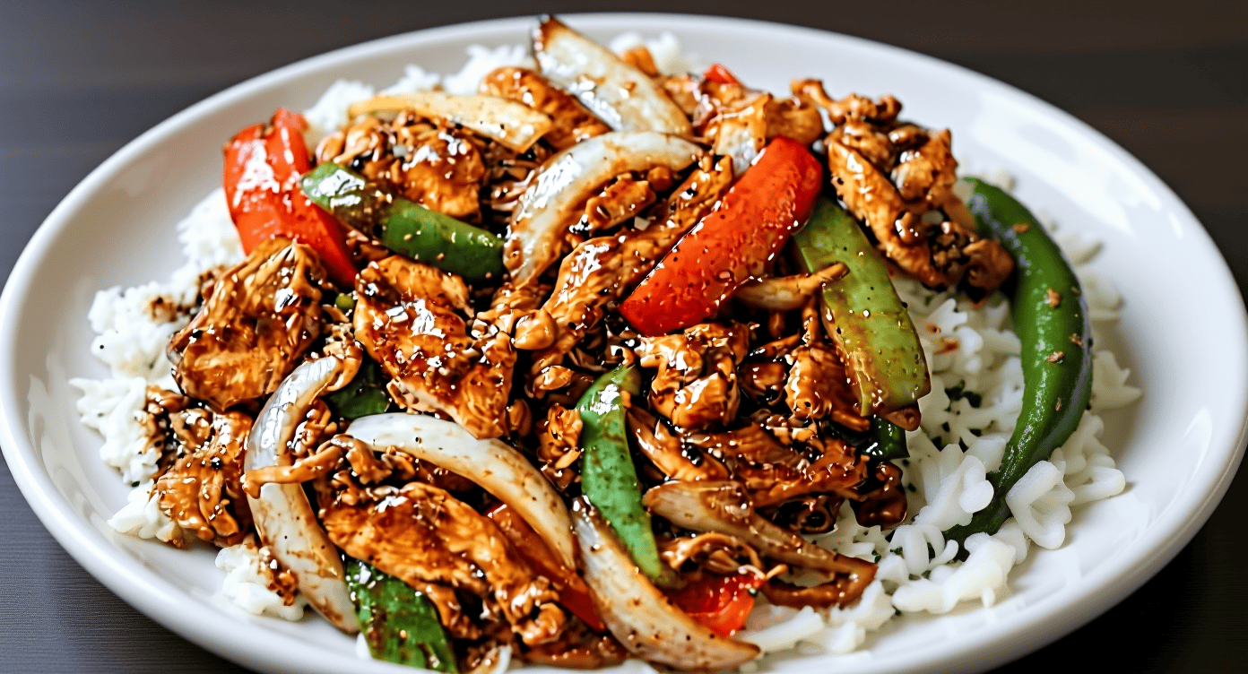 Sweet and savory stir-fry chicken with fresh vegetables served over fluffy white rice, perfect for quick meal ideas and healthy eating. Ideal for Asian cuisine lovers.