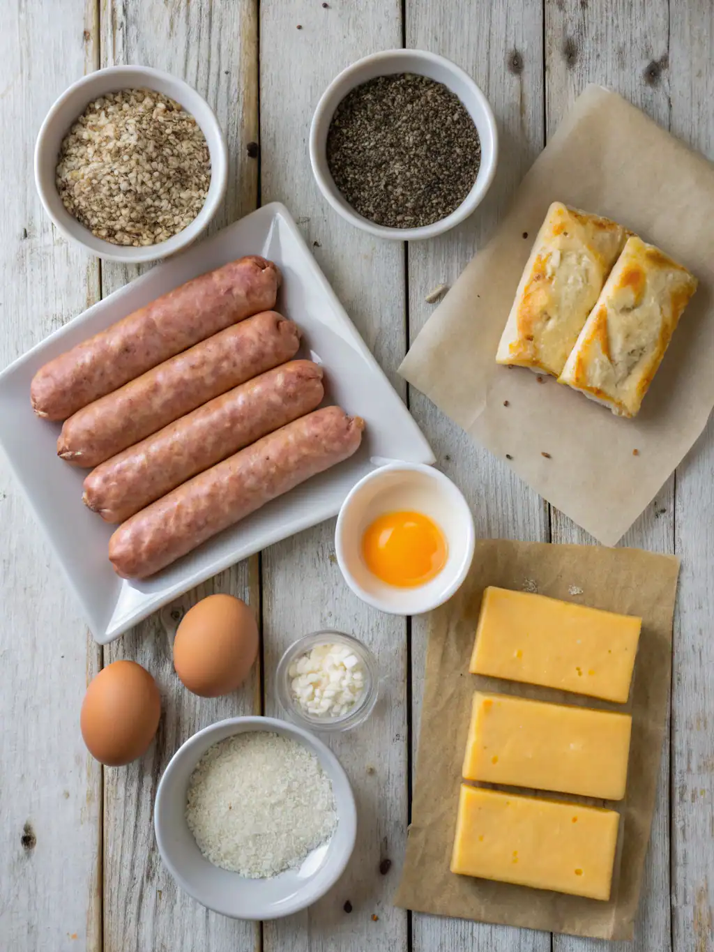 Sausage and cheese ingredients for RecipeStang on rustic wooden table, including raw sausages, shredded cheese, eggs, breadcrumbs, and seasonings, perfect for making delicious sausage rolls or baked sausage snacks.