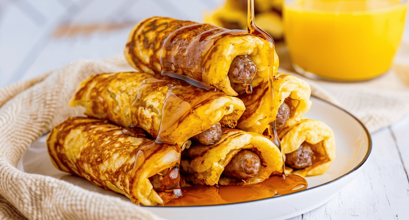 Crispy breakfast crepes filled with sausage, drizzled with syrup, served on a white plate with a side of orange juice, perfect for morning meals.