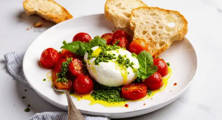Fresh cherry tomatoes, mozzarella, basil, and pesto on a white plate with toasted bread, perfect for a delicious appetizer or healthy snack.