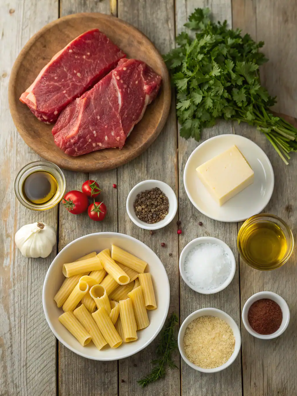 Juicy raw beef steaks on a wooden plate with fresh herbs, garlic, cherry tomatoes, olive oil, and pasta ingredients ready for cooking. Perfect for preparing a delicious homemade beef pasta dish.