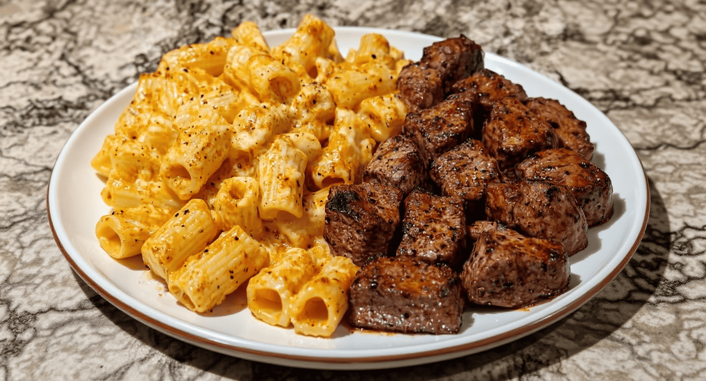 Creamy macaroni and savory grilled beef tips on a white plate with a textured stone background, perfect for hearty comfort food recipes.
