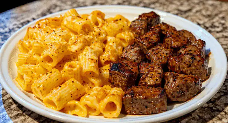 Creamy macaroni pasta with black pepper and seasoned grilled beef meatballs on a white plate - delicious comfort food dish.