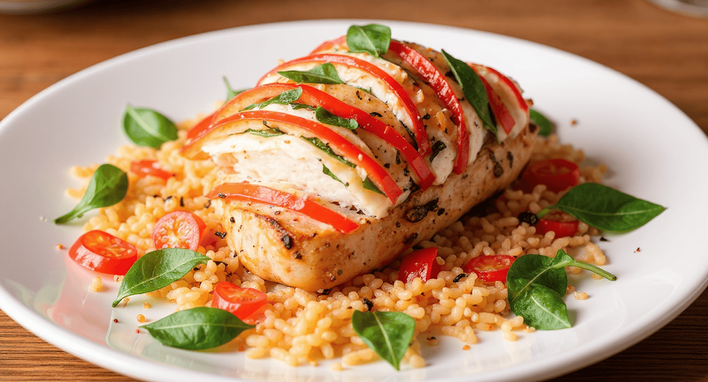Succulent grilled chicken breast topped with fresh tomato, basil, and mozzarella, served over seasoned couscous with cherry tomatoes and basil leaves for a healthy, delicious meal.