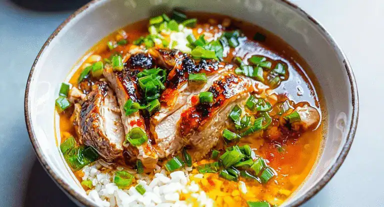 Tender grilled chicken topped with chopped green onions in a savory broth served with rice in a ceramic bowl. Perfect for a comforting Asian-inspired meal or home-cooked recipe.