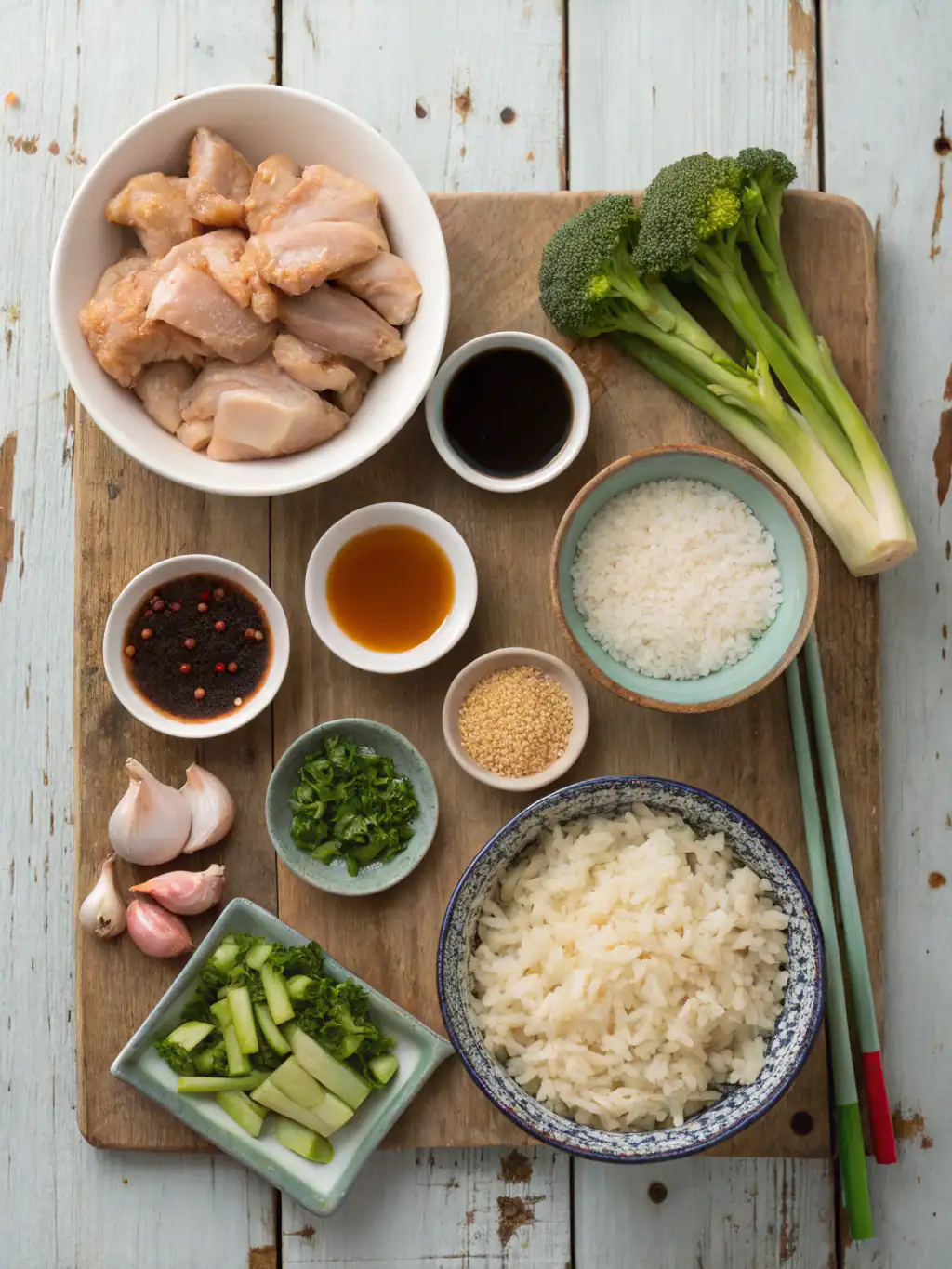 Juicy raw chicken pieces with fresh broccoli, minced garlic, rice, and dipping sauces on a rustic wooden table for healthy Asian cuisine or stir-fry recipes.