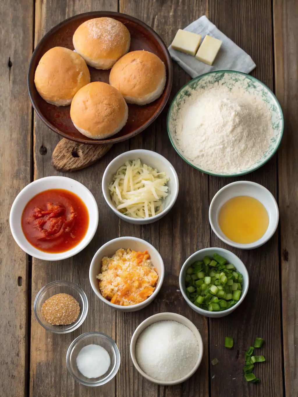 Fluffy dinner rolls with cheese, butter, and various ingredients for homemade bread on rustic wooden table.