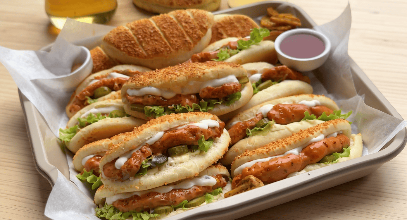 Fresh Asian-style bao buns filled with crispy fried chicken, lettuce, pickles, and spicy sauce, served with dipping sauces on a tray for a delicious quick meal.