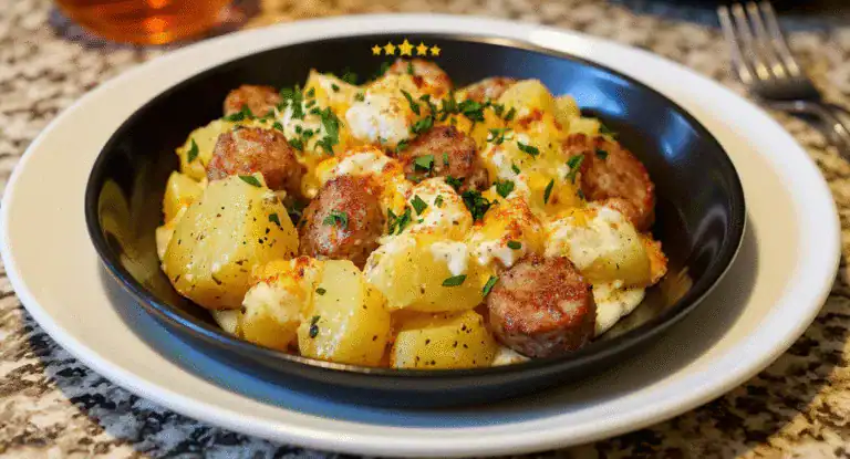 Savory potato and sausage dish served in a black bowl on a white plate, garnished with chopped herbs. Perfect comfort food recipe, ideal for home-cooked meals or family dinners.