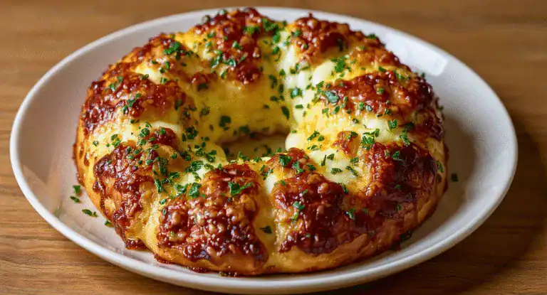 Creamy potato gratin with cheese and herbs on a white plate, ready to serve, showcasing delicious baked comfort food with a golden crust and melted cheese topping.