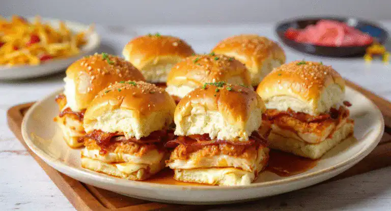 Savory mini slider sandwiches with bacon and cheese on a white plate, ready to serve, ideal for parties or snacks.