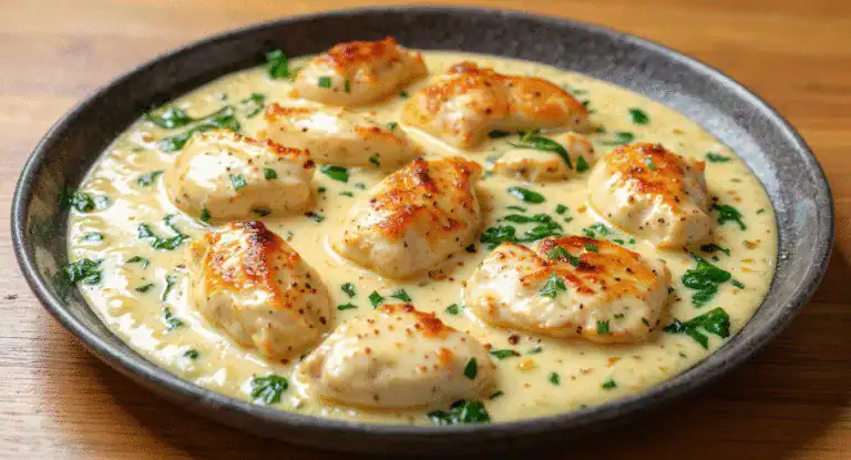 Succulent chicken breasts in a creamy, flavorful sauce with chopped herbs served in a rustic black bowl. Perfect for a comforting meal, easy to prepare with simple ingredients.