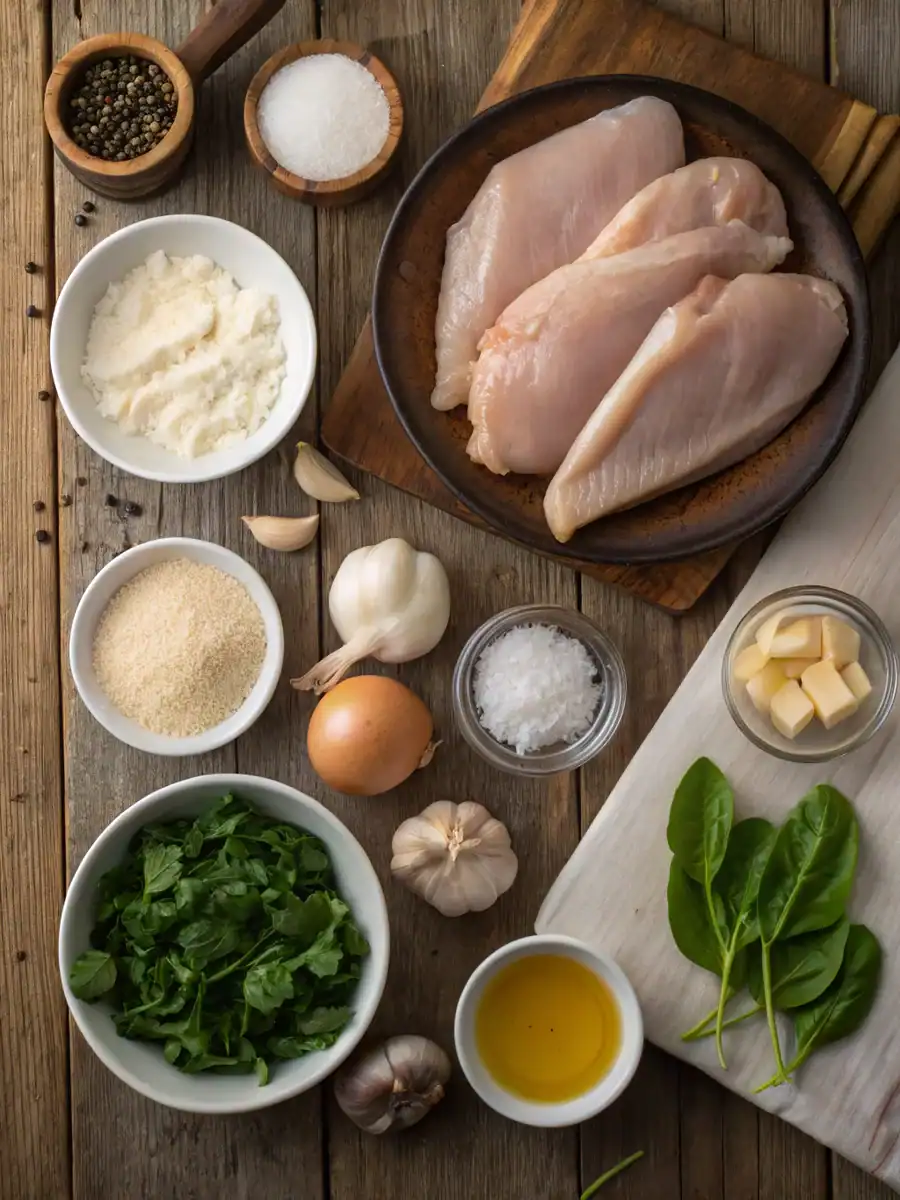 Fresh raw chicken breasts with herbs, garlic, and spices arranged on a rustic wooden table, ready for cooking. Ideal for making flavorful recipes with fresh ingredients for delicious meals.