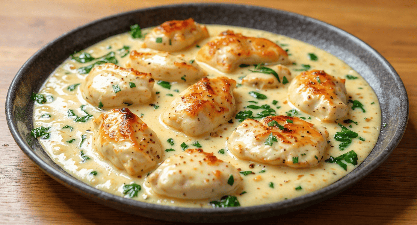 Succulent chicken breasts in a creamy, flavorful sauce with chopped herbs served in a rustic black bowl. Perfect for a comforting meal, easy to prepare with simple ingredients.