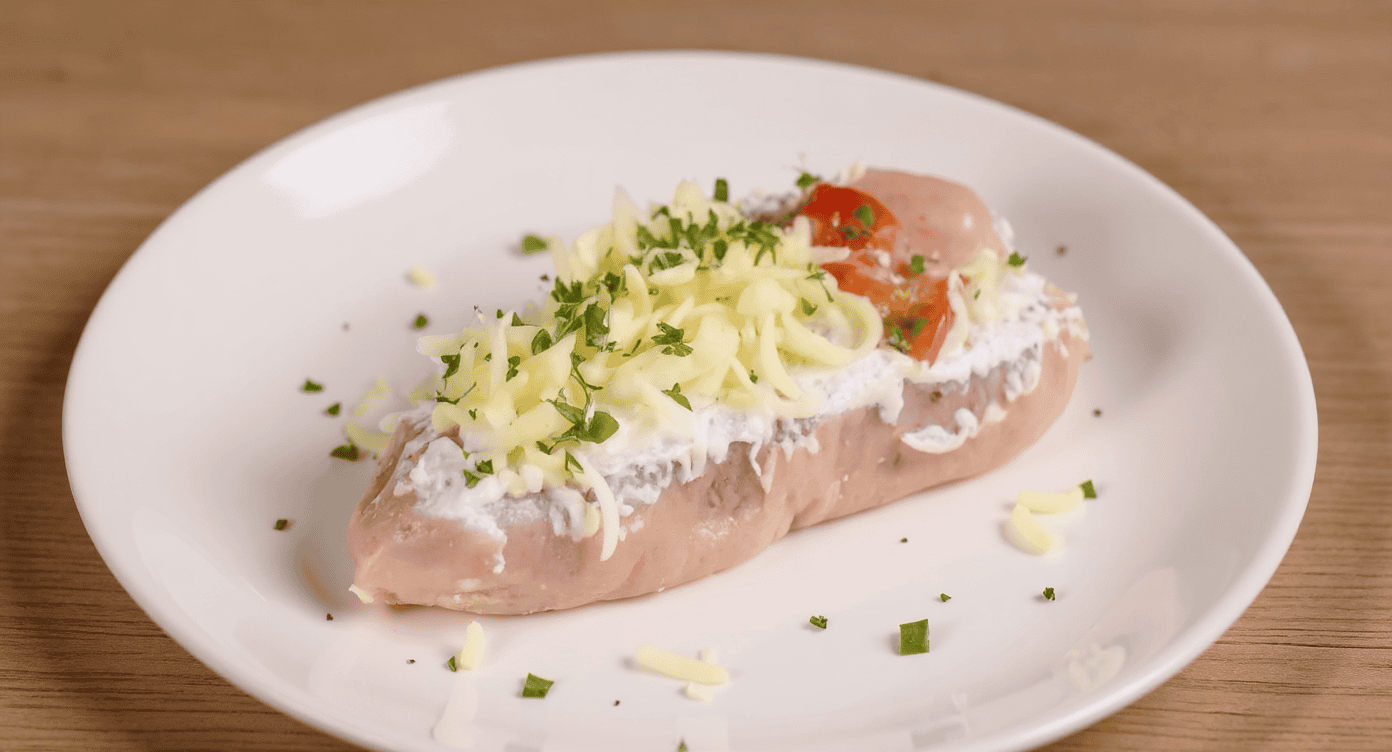 Juicy, seasoned chicken breast topped with shredded cheese, fresh herbs, and cherry tomato on a white plate, perfect for a delicious meal.