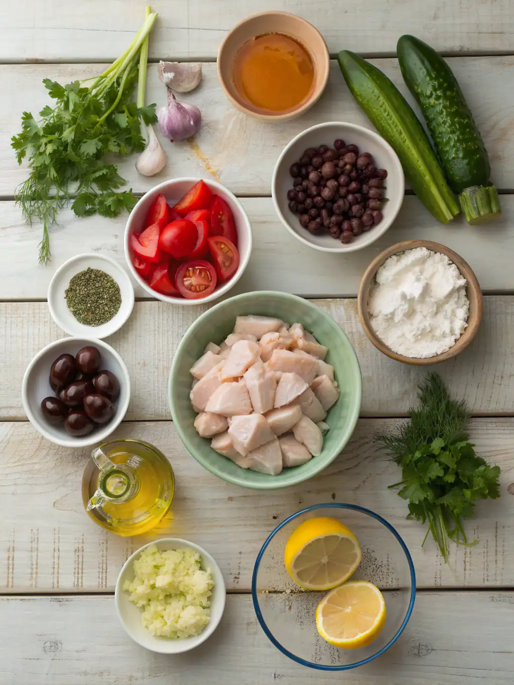 Fresh ingredients for healthy chicken salad, including diced chicken, cherry tomatoes, cucumbers, garlic, lemon, herbs, black beans, and olive oil, on a white wooden surface.