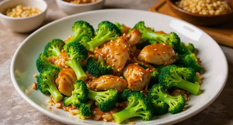 Fresh broccoli and chicken stir-fry dish with sesame seeds, healthy and delicious, perfect for easy home-cooked meals and nutritious eating.