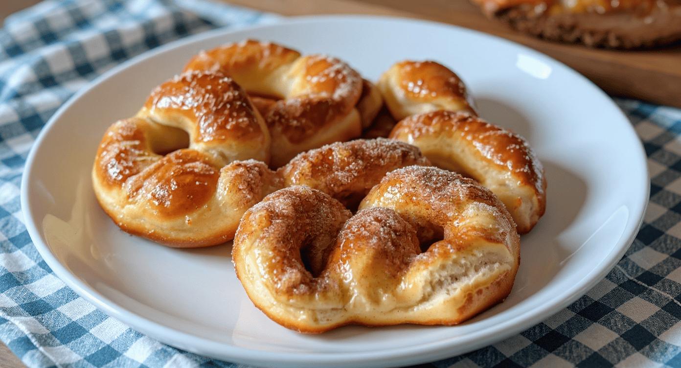 Buttered and powdered sugar-topped pretzels on a white plate, fresh from the oven, served as delicious snacks or breakfast treats. Perfect for sharing and enjoying with friends or family.