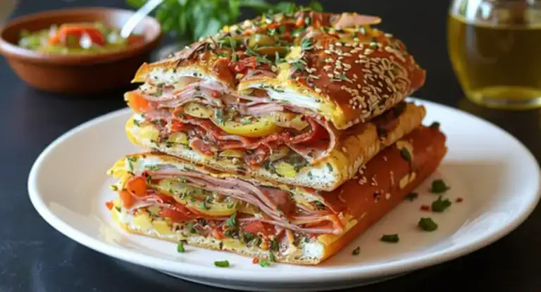 Stacks of layered savory omelette sandwich with ham, tomato, cheese, and herbs on a white plate for breakfast or brunch.
