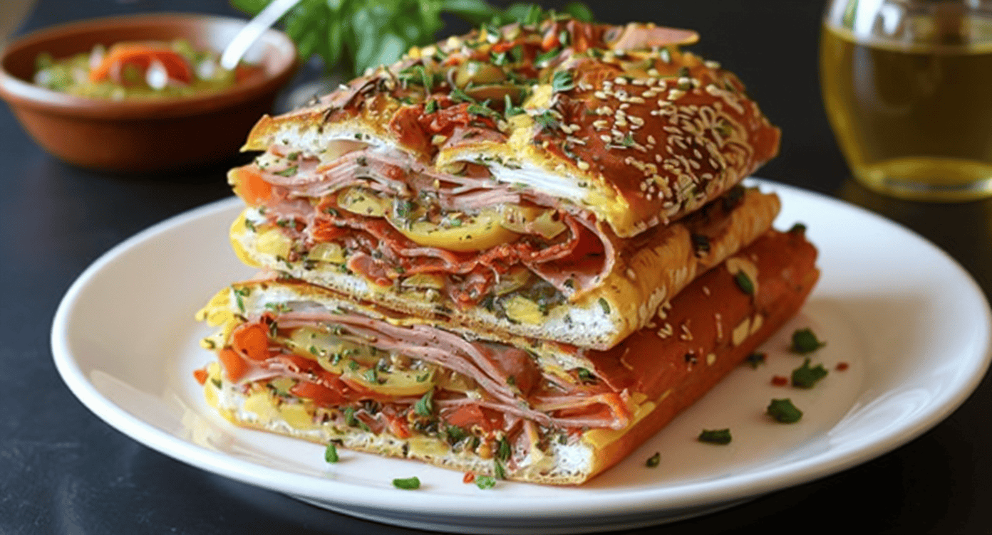 Stacks of layered savory omelette sandwich with ham, tomato, cheese, and herbs on a white plate for breakfast or brunch.
