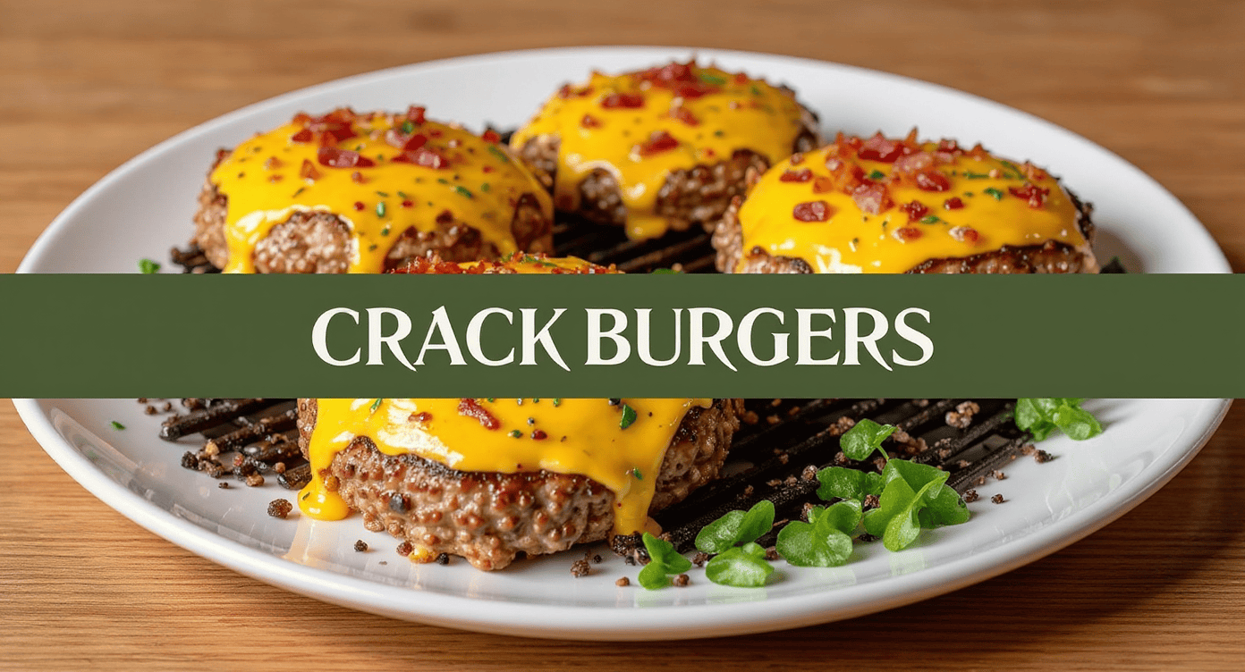 Savory crack burgers topped with melted cheddar cheese, crispy bacon bits, and fresh herbs served on a white plate with a wooden background for a delicious meal.