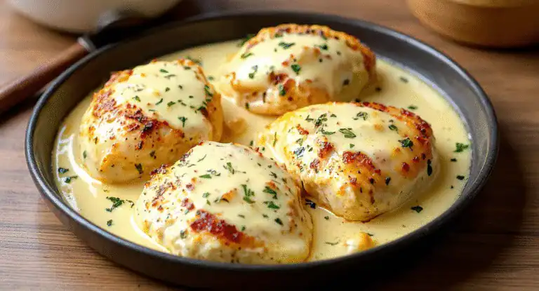 Creamy chicken breasts with melted cheese and herbs served in a black skillet, perfect for a comforting dinner or special occasion.