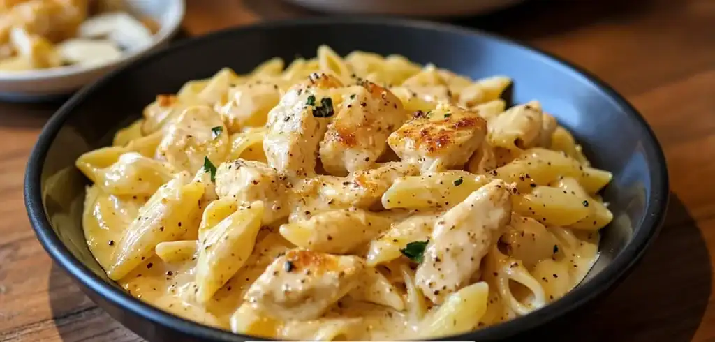 Creamy chicken and pasta alfredo in a black bowl, garnished with herbs, served on a wooden table - perfect comfort food recipe.