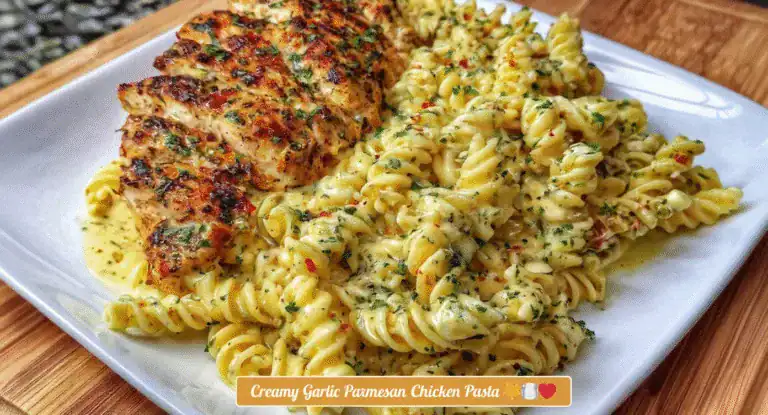 Crispy garlic parmesan chicken with creamy pasta, home-cooked meal, delicious Italian dinner, fusilli pasta with herbs and cheese, RecipeStang food photography.