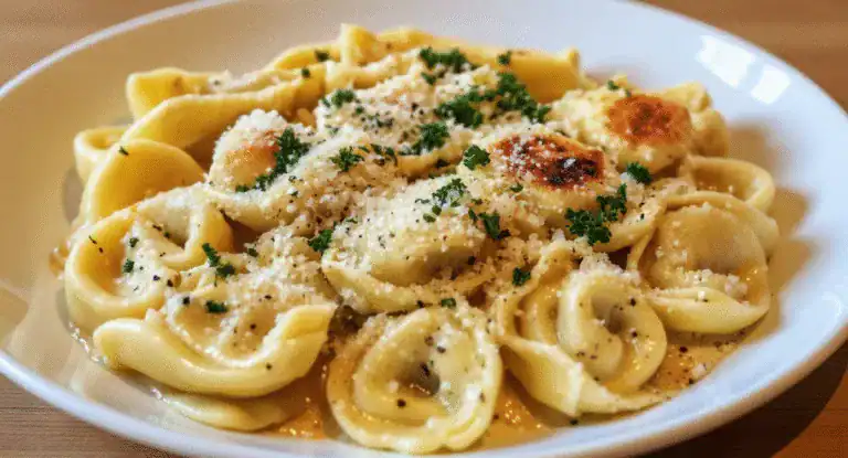 Creamy tortellini pasta with grated Parmesan, fresh herbs, and black pepper on a white plate, close-up.