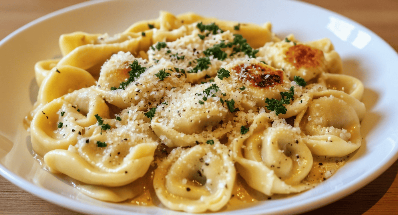 Creamy tortellini pasta with grated Parmesan, fresh herbs, and black pepper on a white plate, close-up.