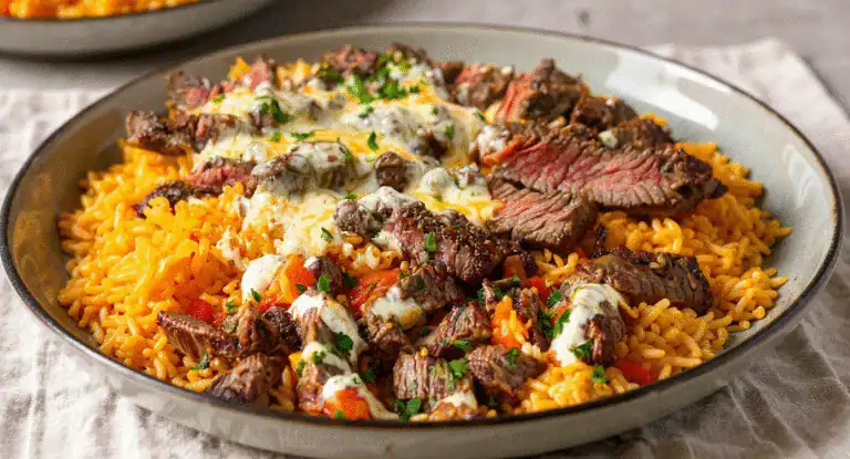 Juicy steak with seasoned rice, topped with melted cheese and fresh herbs, served on a stylish plate. Perfect for savory, hearty meals and easy dinner options.