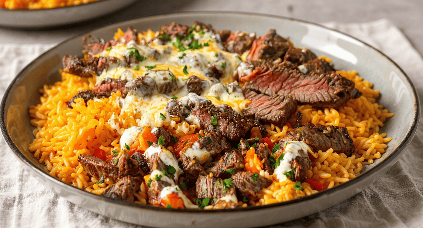 Juicy steak with seasoned rice, topped with melted cheese and fresh herbs, served on a stylish plate. Perfect for savory, hearty meals and easy dinner options.