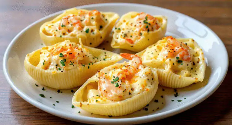 Succulent shrimp stuffed pasta shells with creamy cheese sauce garnished with herbs on a white plate.