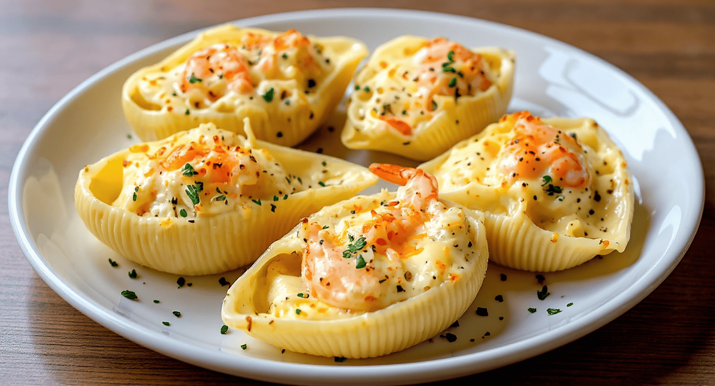 Succulent shrimp stuffed pasta shells with creamy cheese sauce garnished with herbs on a white plate.