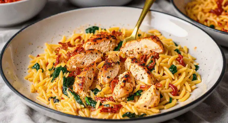 Juicy grilled chicken with pasta and spinach in a white bowl, healthy meal plate, delicious chicken and pasta dish, easy recipe for dinner or lunch, Recipestang culinary cuisine, food photography, tasty and nutritious food, fresh ingredients, appetizing presentation.