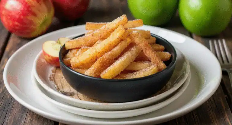 Crispy homemade French fries in a black bowl topped with salt on a white plate, surrounded by fresh apples on a rustic wooden table. Perfect for comfort food recipes and snack ideas.