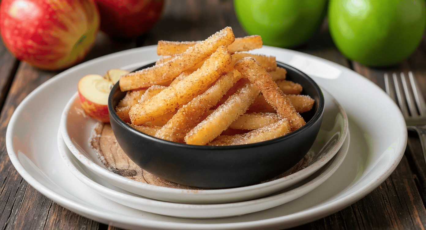 Crispy homemade French fries in a black bowl topped with salt on a white plate, surrounded by fresh apples on a rustic wooden table. Perfect for comfort food recipes and snack ideas.